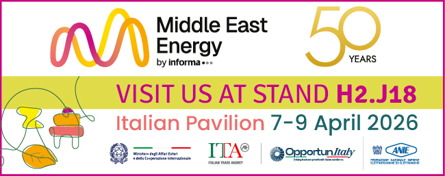 Middle East Energy 2026 logo with Enerdoor stand H2.J18 at Italian Pavilion Dubai